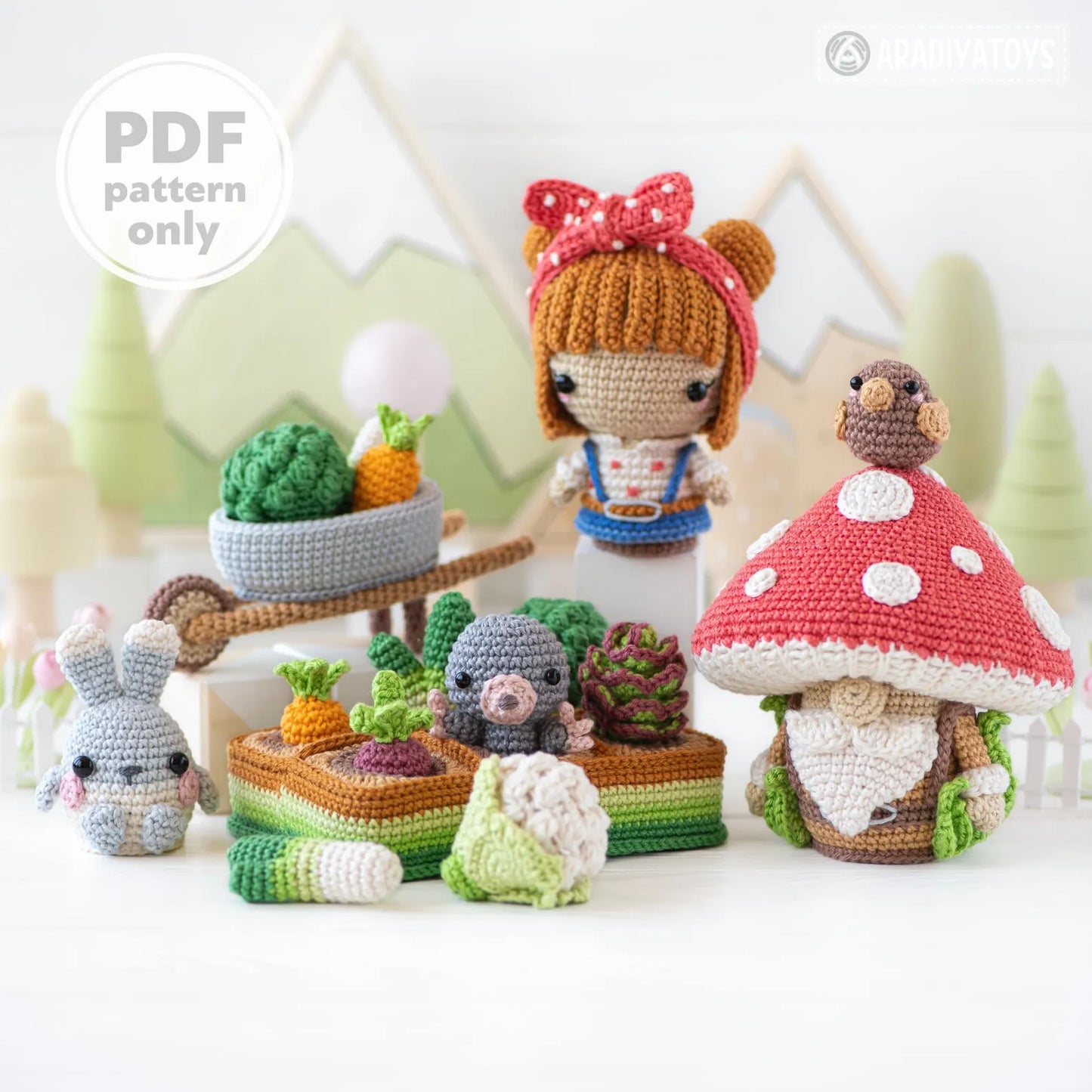 Patron de crochet 5 en 1 pour potager au crochet amigurumi mini kingdom champignon gnome tutoriel de crochet fichier PDF fille lapin jardin
