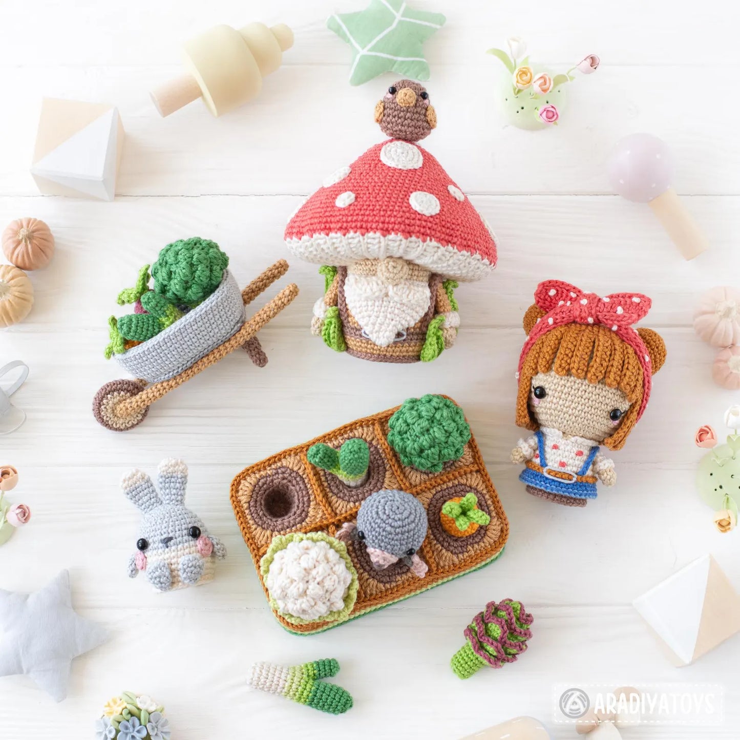 Patron de crochet 5 en 1 pour potager au crochet amigurumi mini kingdom champignon gnome tutoriel de crochet fichier PDF fille lapin jardin