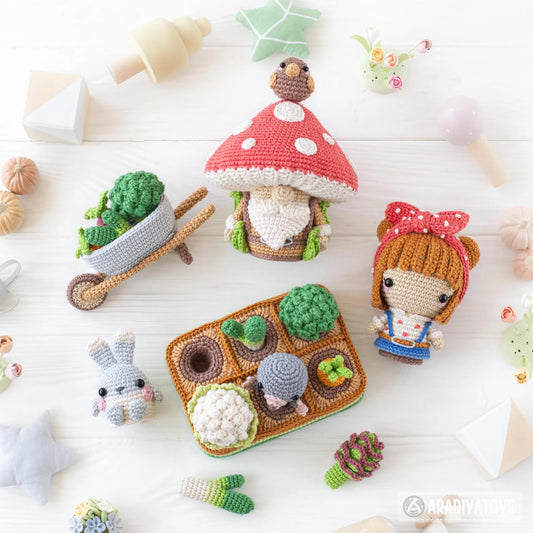 Patron de crochet 5 en 1 pour potager au crochet amigurumi mini kingdom champignon gnome tutoriel de crochet fichier PDF fille lapin jardin