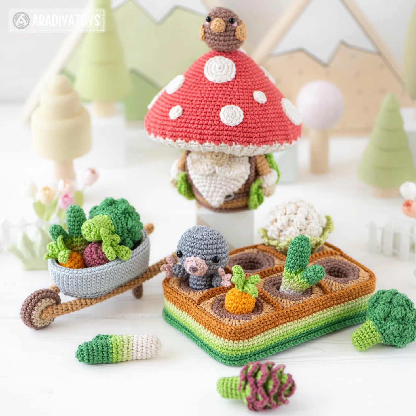 Patron de crochet 5 en 1 pour potager au crochet amigurumi mini kingdom champignon gnome tutoriel de crochet fichier PDF fille lapin jardin