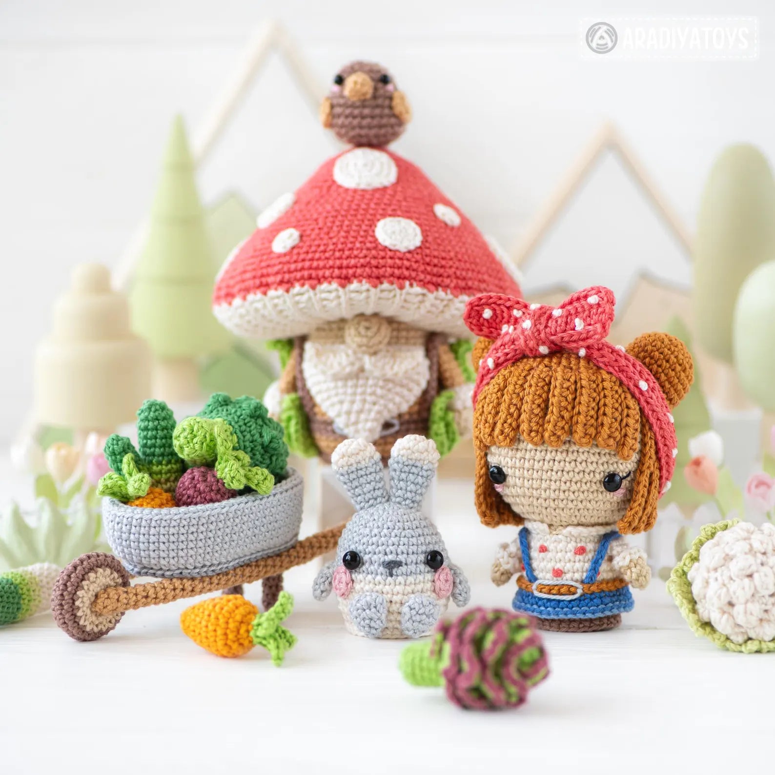 Patron de crochet 5 en 1 pour potager au crochet amigurumi mini kingdom champignon gnome tutoriel de crochet fichier PDF fille lapin jardin