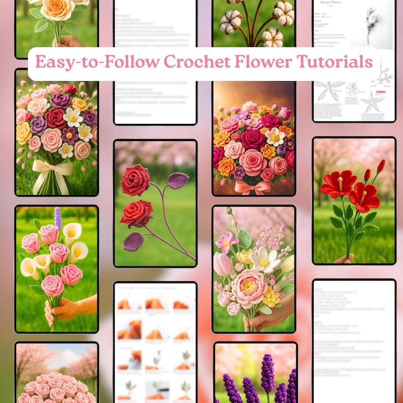 900+ Modèles de Crochet de Bouquet de Fleurs Amigurumi Digital Fête des Mères Plante en Pot Tige de Fleur Printemps Soleil Rose Tulipe Marguerite Cadeau de Remise des Diplômes