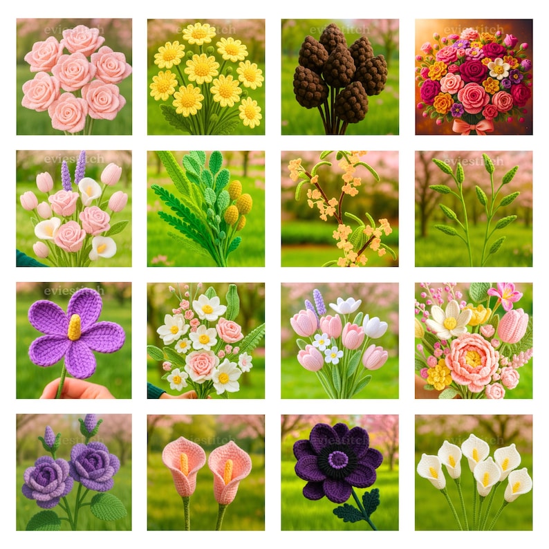 900+ Modèles de Crochet de Bouquet de Fleurs Amigurumi Digital Fête des Mères Plante en Pot Tige de Fleur Printemps Soleil Rose Tulipe Marguerite Cadeau de Remise des Diplômes