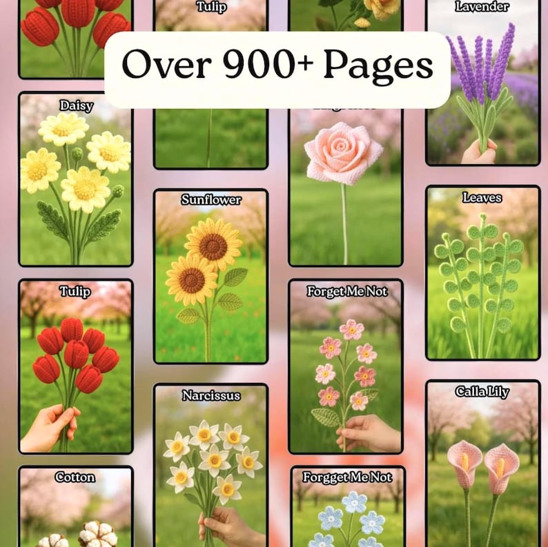 900+ Modèles de Crochet de Bouquet de Fleurs Amigurumi Digital Fête des Mères Plante en Pot Tige de Fleur Printemps Soleil Rose Tulipe Marguerite Cadeau de Remise des Diplômes