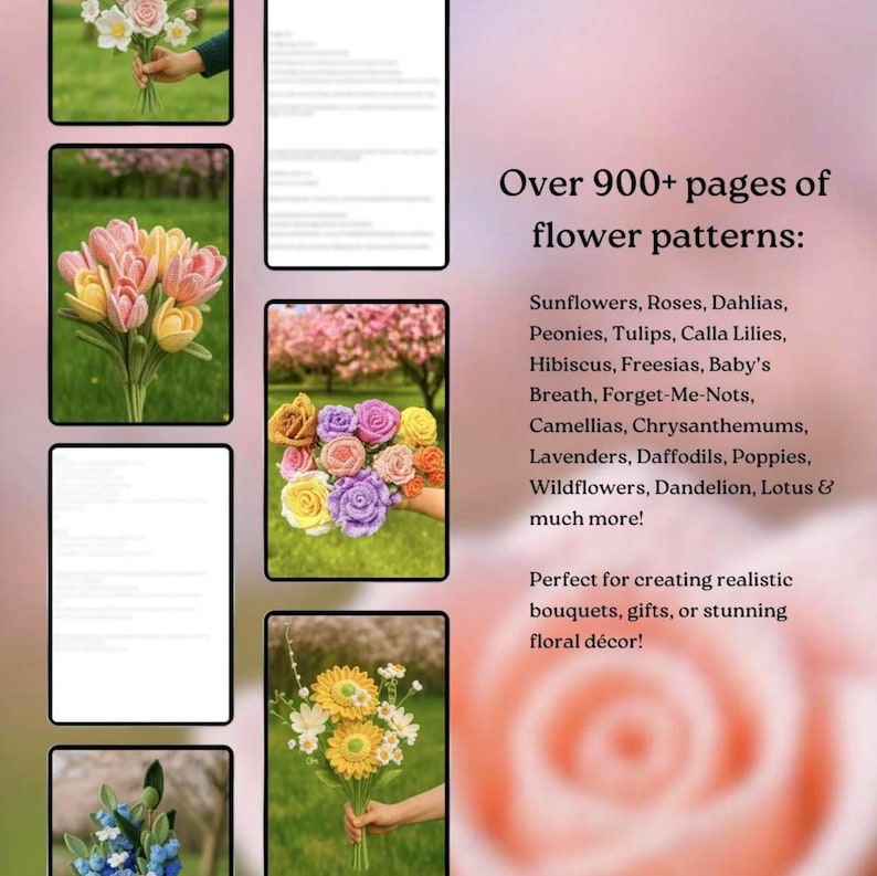 900+ Modèles de Crochet de Bouquet de Fleurs Amigurumi Digital Fête des Mères Plante en Pot Tige de Fleur Printemps Soleil Rose Tulipe Marguerite Cadeau de Remise des Diplômes